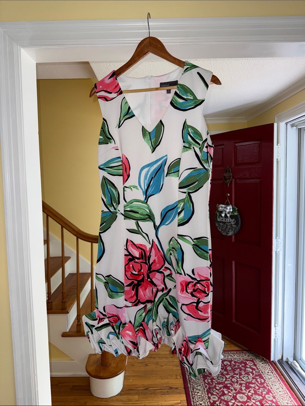 Donna Ricco White Midi Dress with Pink Floral & Green Leaves